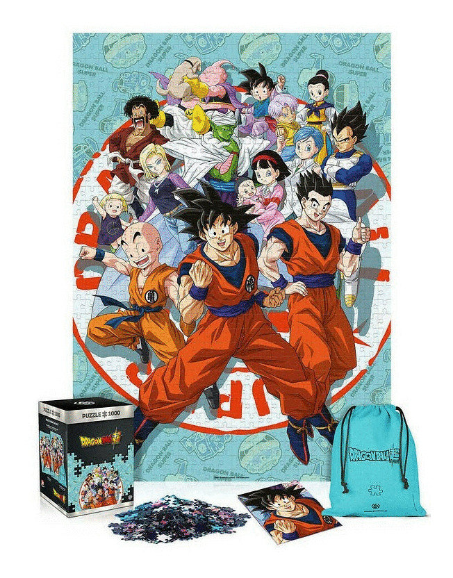 Puzzle Dragon Ball Super, ukończony obraz z postaciami, pudełkiem i workiem z elementami.