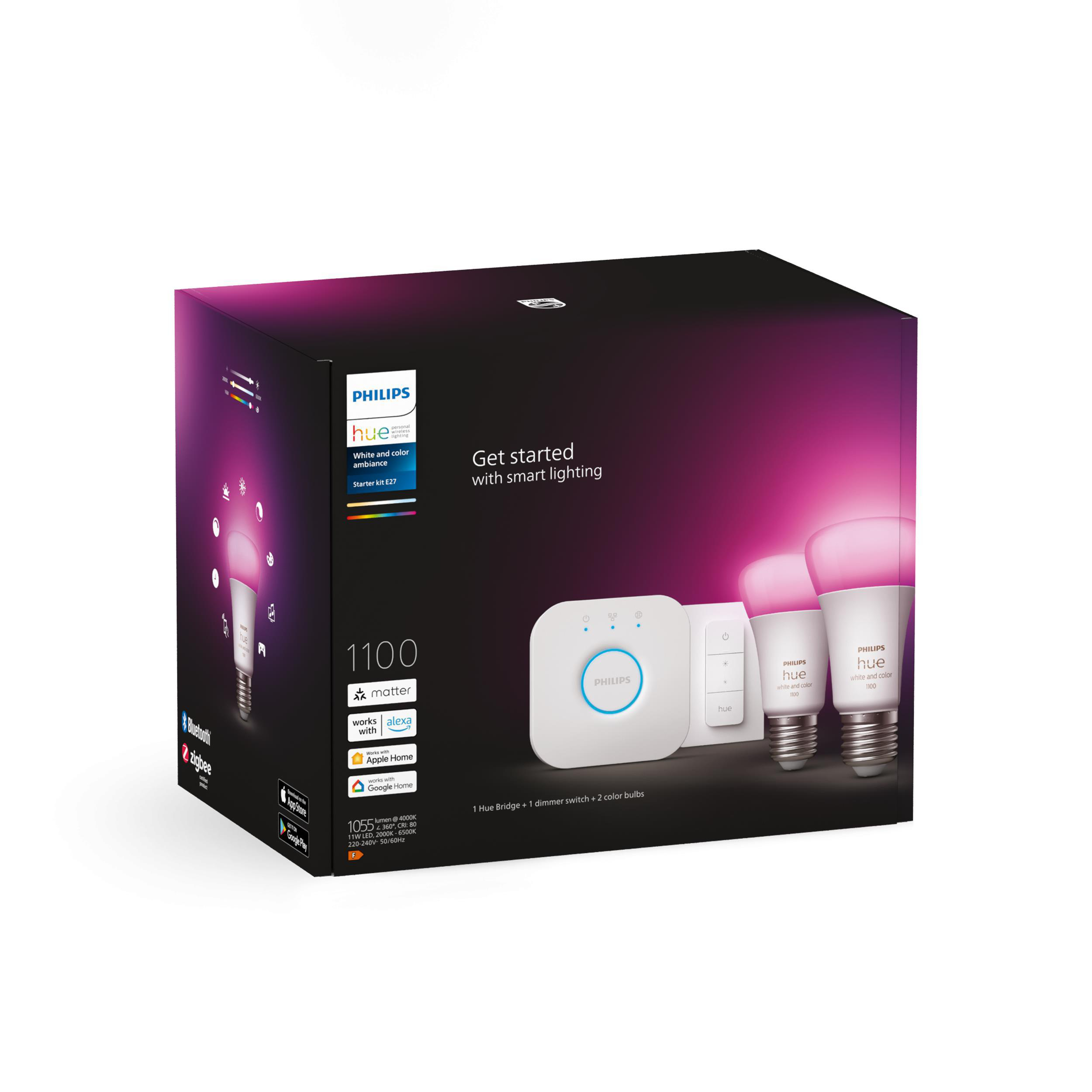 Philips Hue Smart-Lighting-Box mit Glühbirnen und einer Bridge vor weißem Hintergrund.