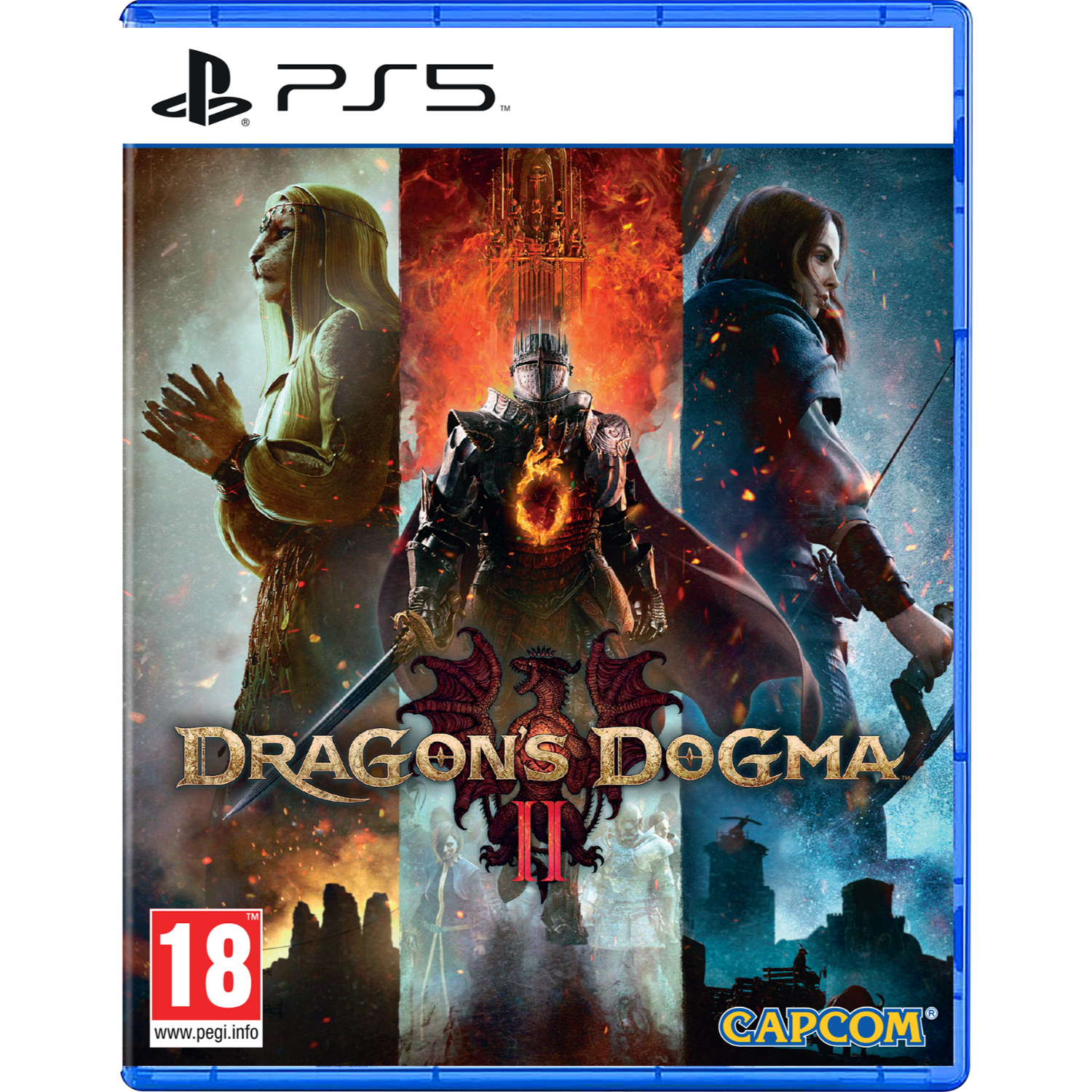 PS5 game case voor Dragon's Dogma II, met een centraal figuur en personages op een vurige achtergrond.