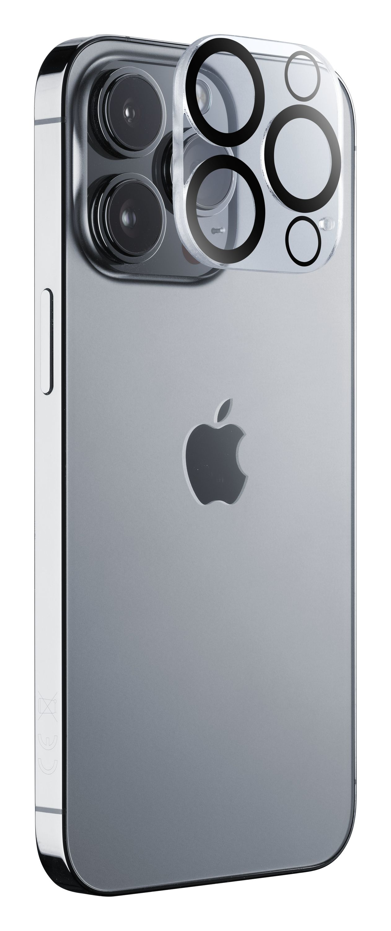 Silbernes iPhone mit transparentem Linsenschutz, zeigt Kameralinsen.