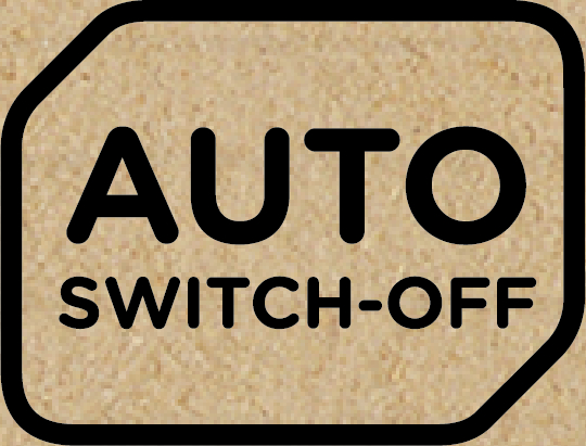 Schwarz-weißer Text 'AUTO SWITCH-OFF' in einem braunen, strukturierten Etikett.