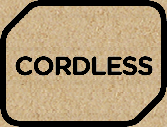 Ein Bild mit dem Wort "CORDLESS" in Schwarz innerhalb eines beigefarbenen, abgerundeten Rechtecks.
