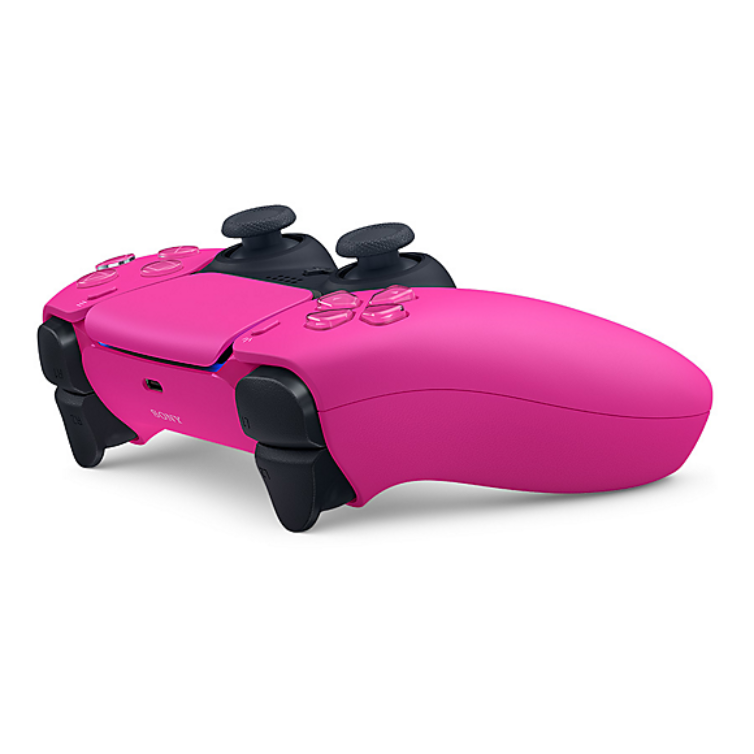 Roze PlayStation 5-controller van bovenaf gezien, met zwarte joysticks.
