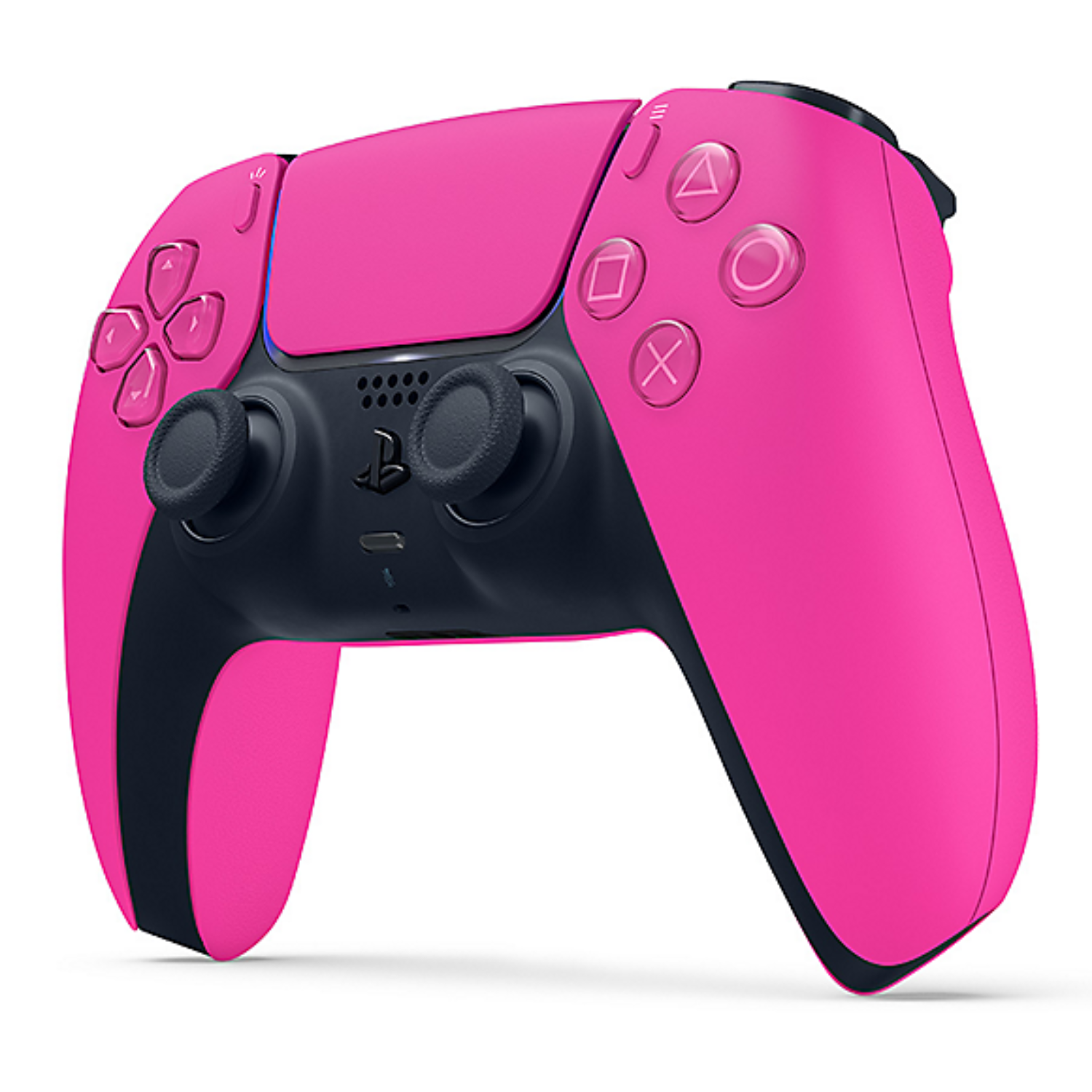 Roze en zwarte PlayStation 5 controller. Knoppen zijn roze, zwart en blauw.