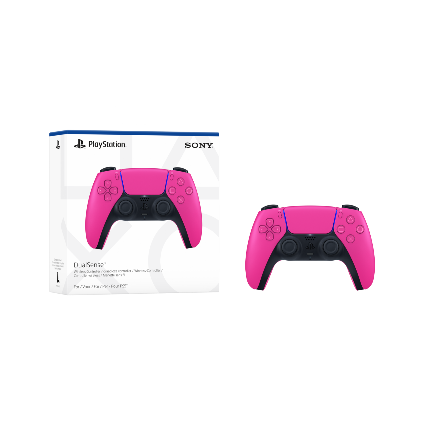 Roze PlayStation DualSense controller en doos. De controller is roze met zwarte accenten.