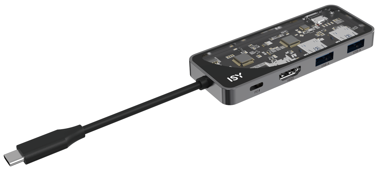 ISY IAD 1028-2 USB 3.1 Type-C multiport adapter, HDMI, 2x USB-A, USB-C PD 100W, átlátszó (2V221998)