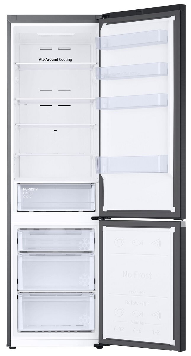 Otwarta lodówka z półkami, szufladami i zamrażalnikiem. Szara i biała.