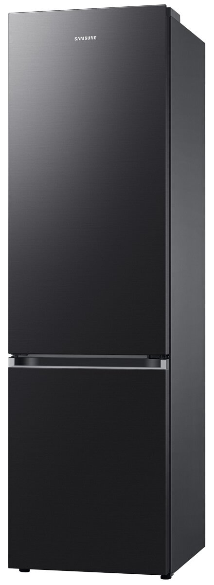 Czarna lodówka marki Samsung, z dwiema drzwiami.