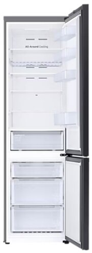 Otwarta lodówka Samsung z półkami, szufladami i wnętrzem.