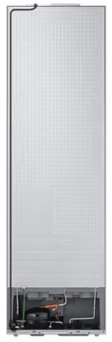 Biały tył lodówki z widocznymi różnymi elementami. Widok pionowy.