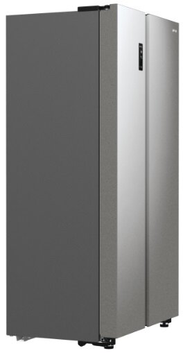 Lodówka side-by-side, stal nierdzewna, nowoczesny design.