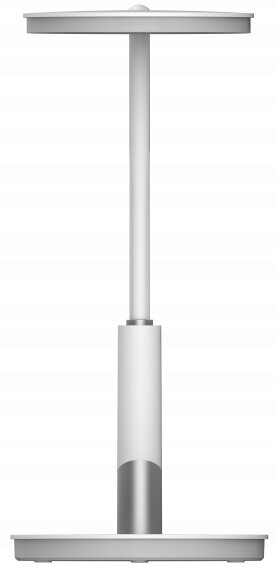 Biała lampa stojąca z okrągłym światłem na górze i okrągłą podstawą.