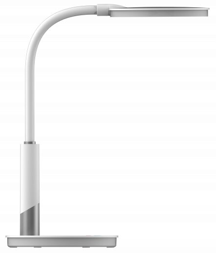 Biała lampa biurkowa z zakrzywionym ramieniem, panelem LED i prostokątną podstawą.