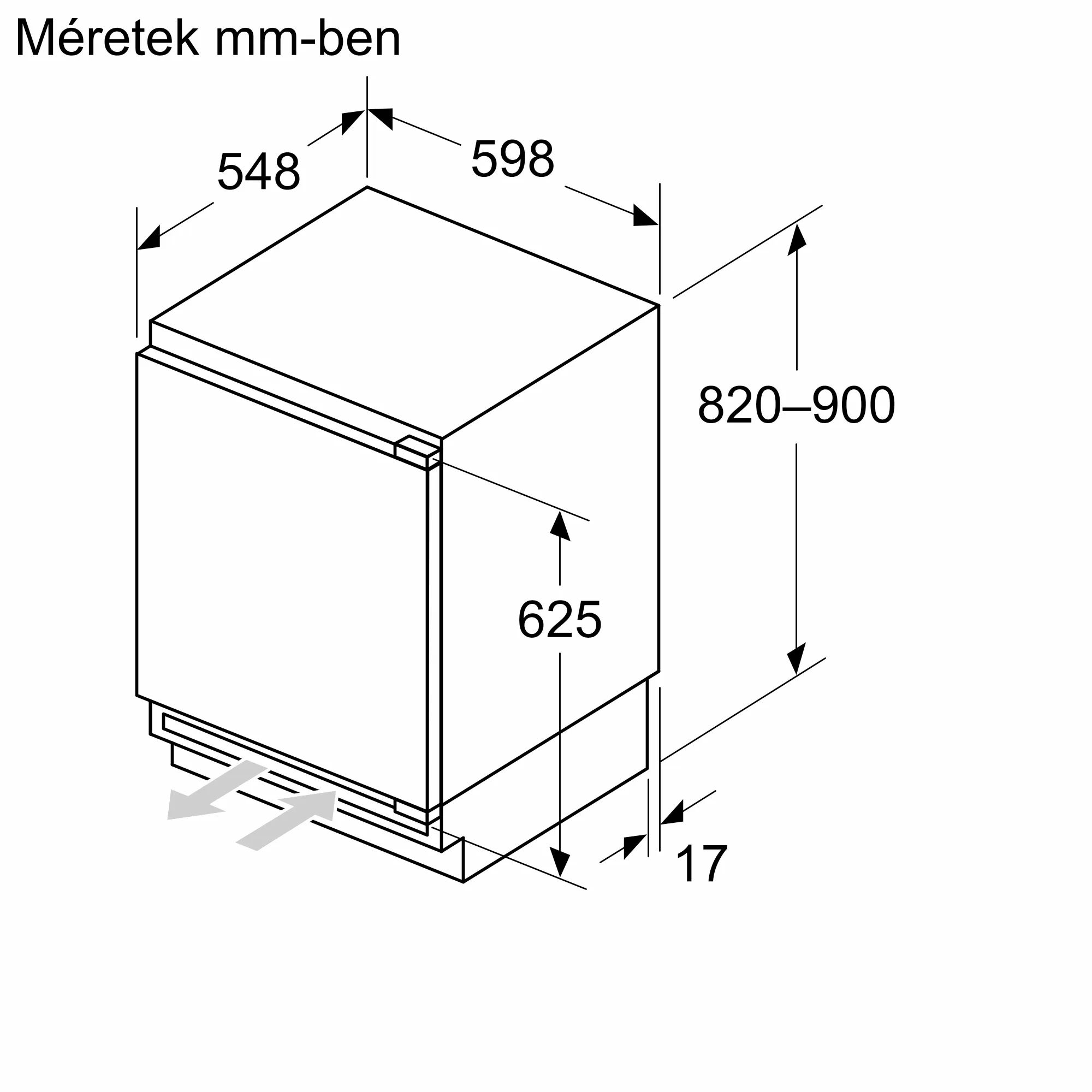 Egy téglalap alakú készülék műszaki rajza, méretekkel mm-ben.