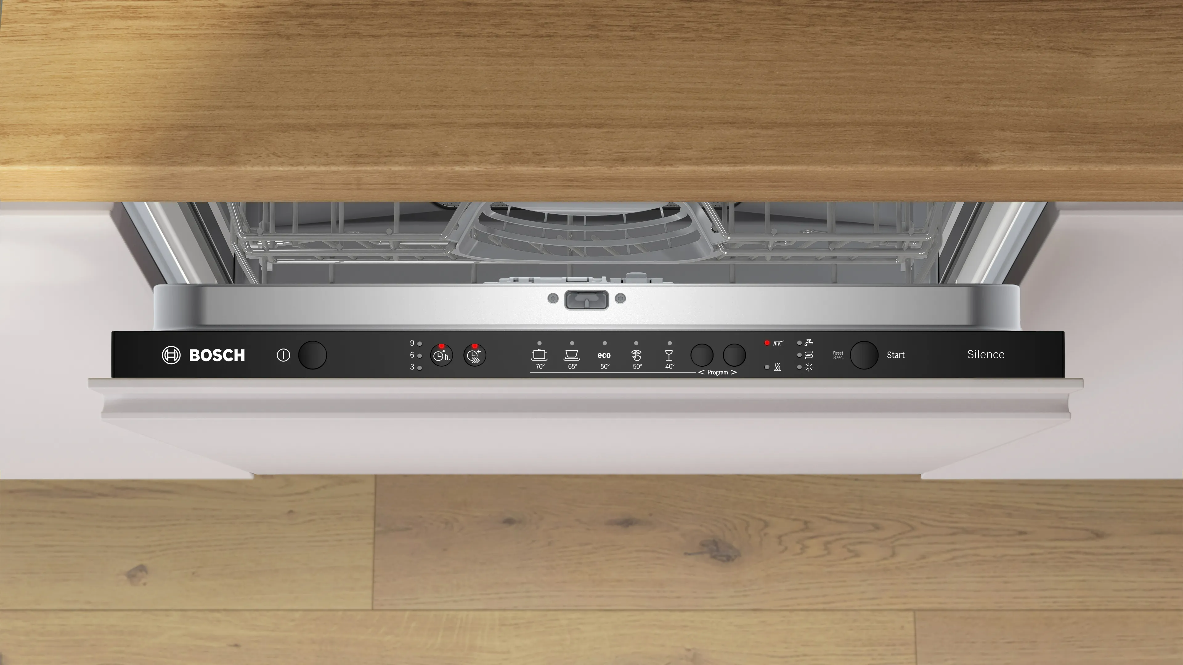 Felülnézet egy mosogatógép vezérlőpaneljéről gombokkal és a Bosch logóval.