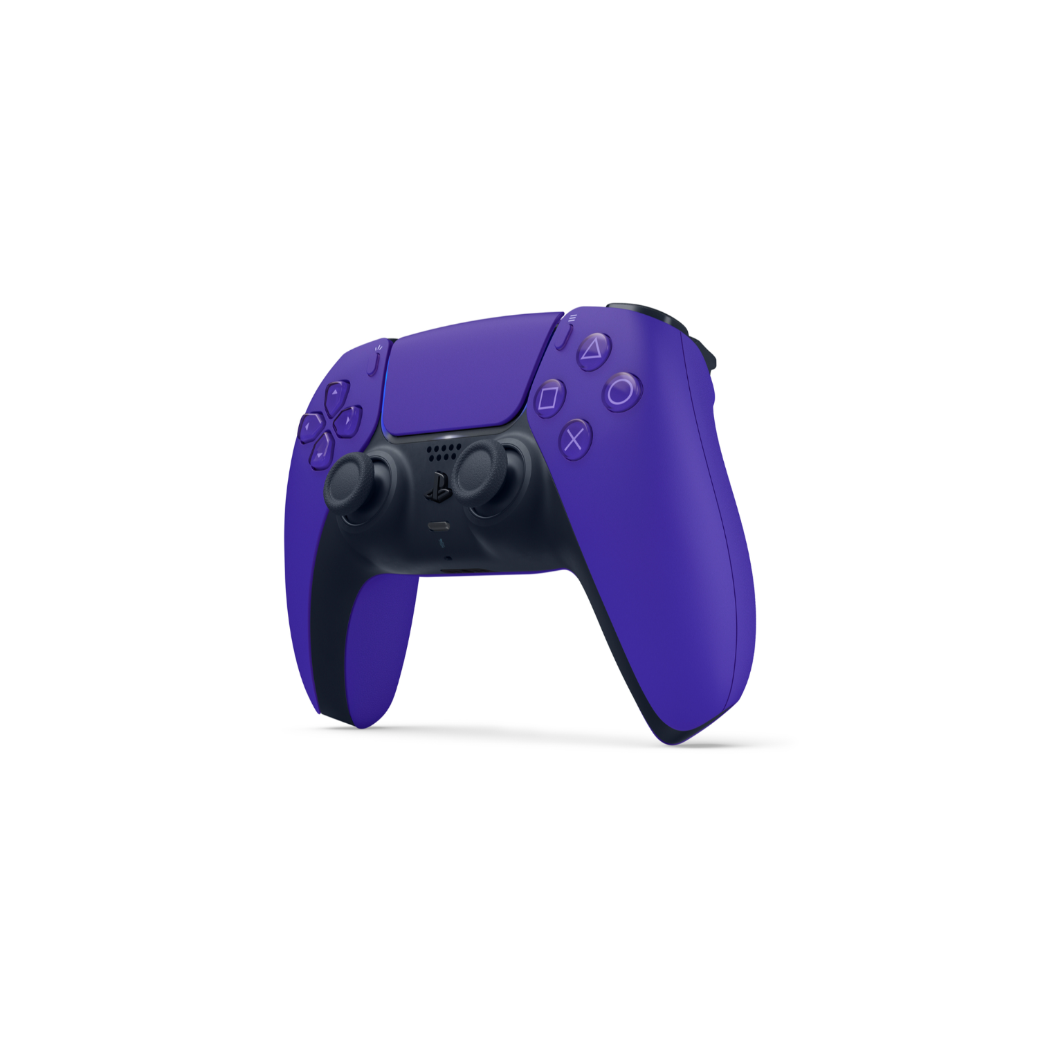 Paarse PS5-controller met zwarte accenten. De controller staat op een witte achtergrond.