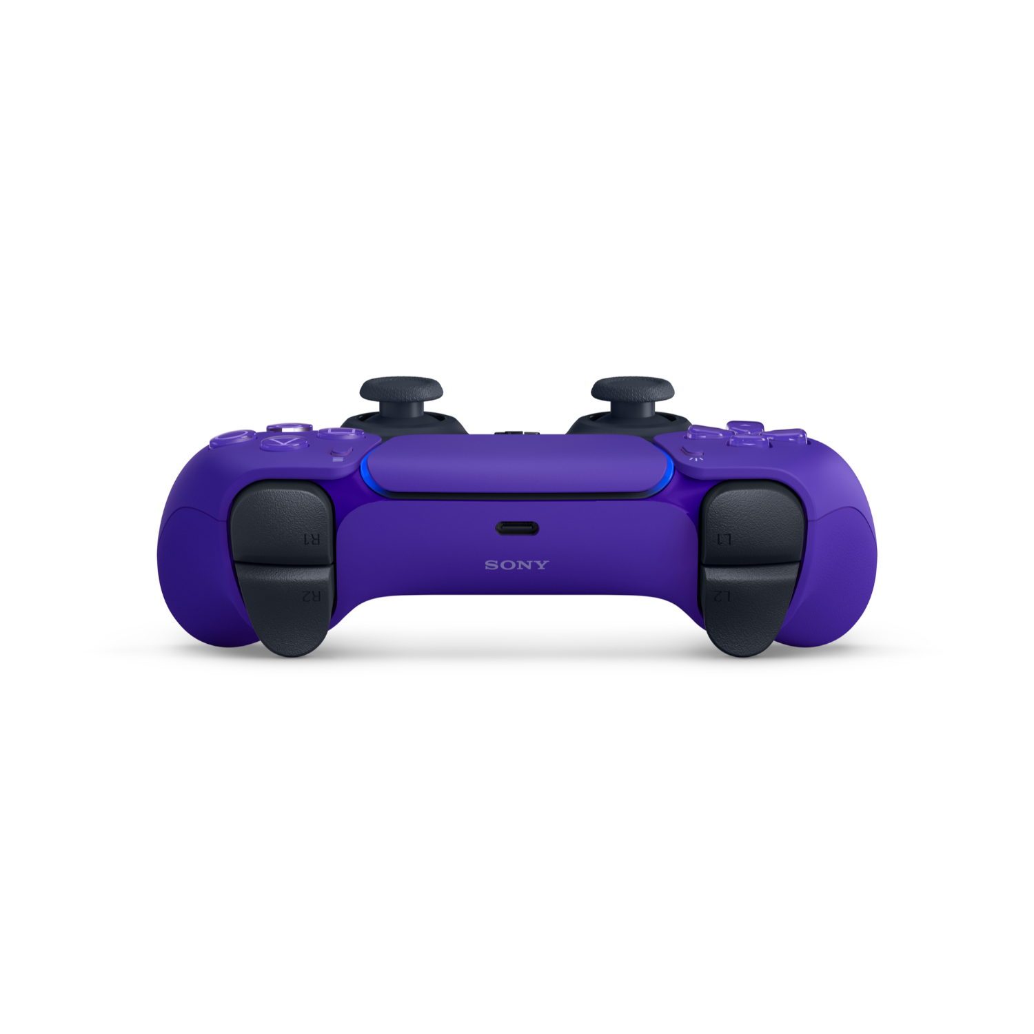 Paarse PlayStation 5-controller op een witte achtergrond.