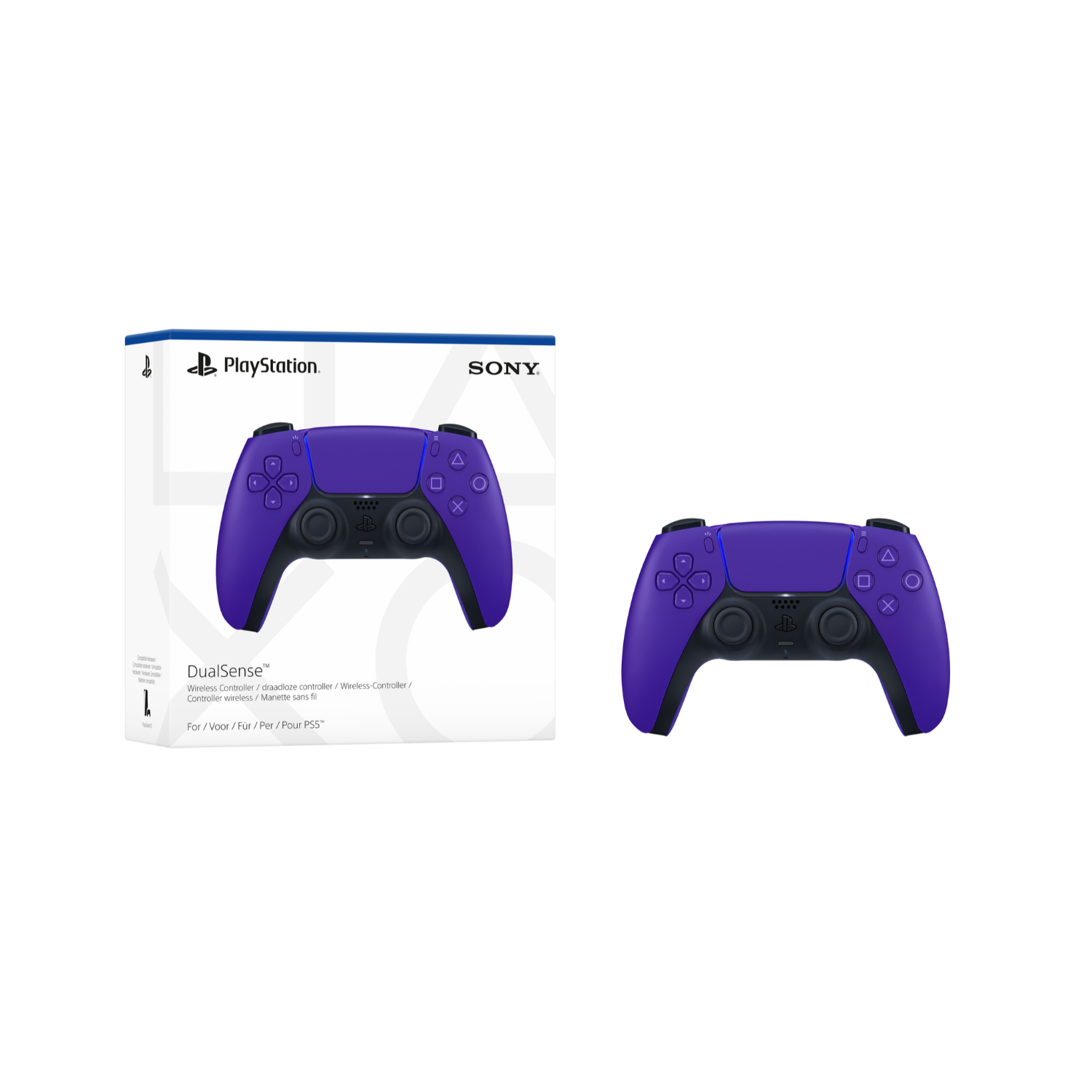 Paarse PlayStation DualSense-controller, met doos, op een witte achtergrond.