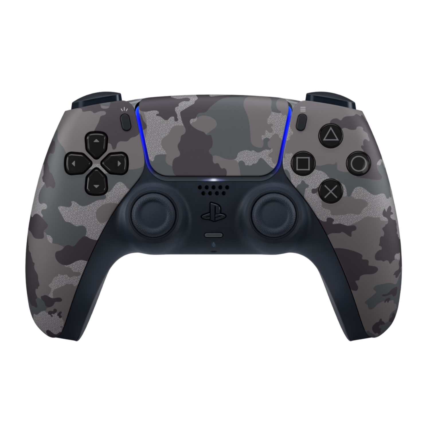 Een camouflage-patroon PS5-controller. Knoppen: zwart, grijs en blauw. De achtergrond is zwart.