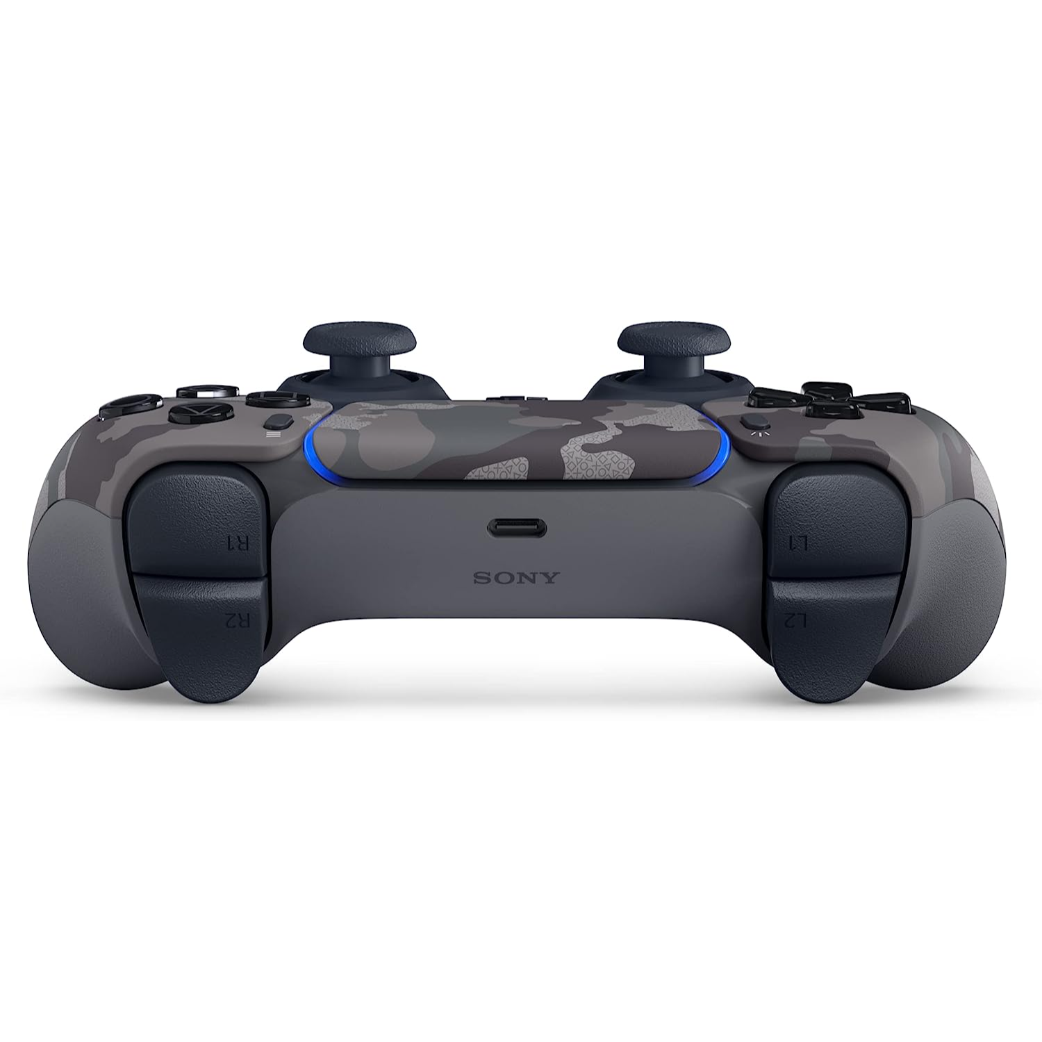 Een grijze camouflage PlayStation 5-controller, onderaanzicht.