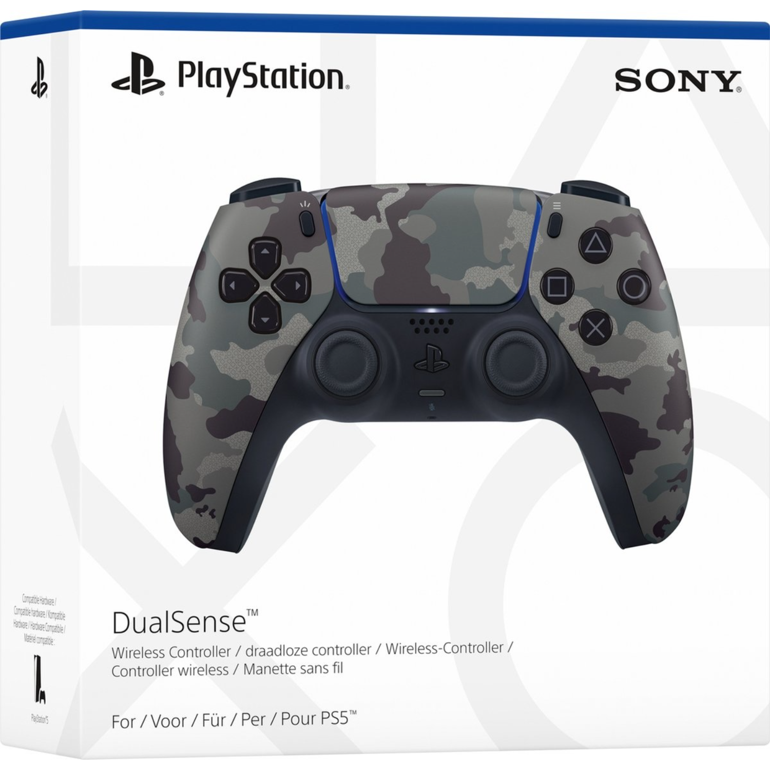 Een PlayStation DualSense-controller in een camouflagedesign, in de doos.