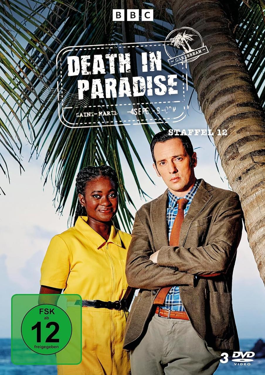 DVD-Cover von Death in Paradise. Zeigt zwei Personen vor einer Palme.