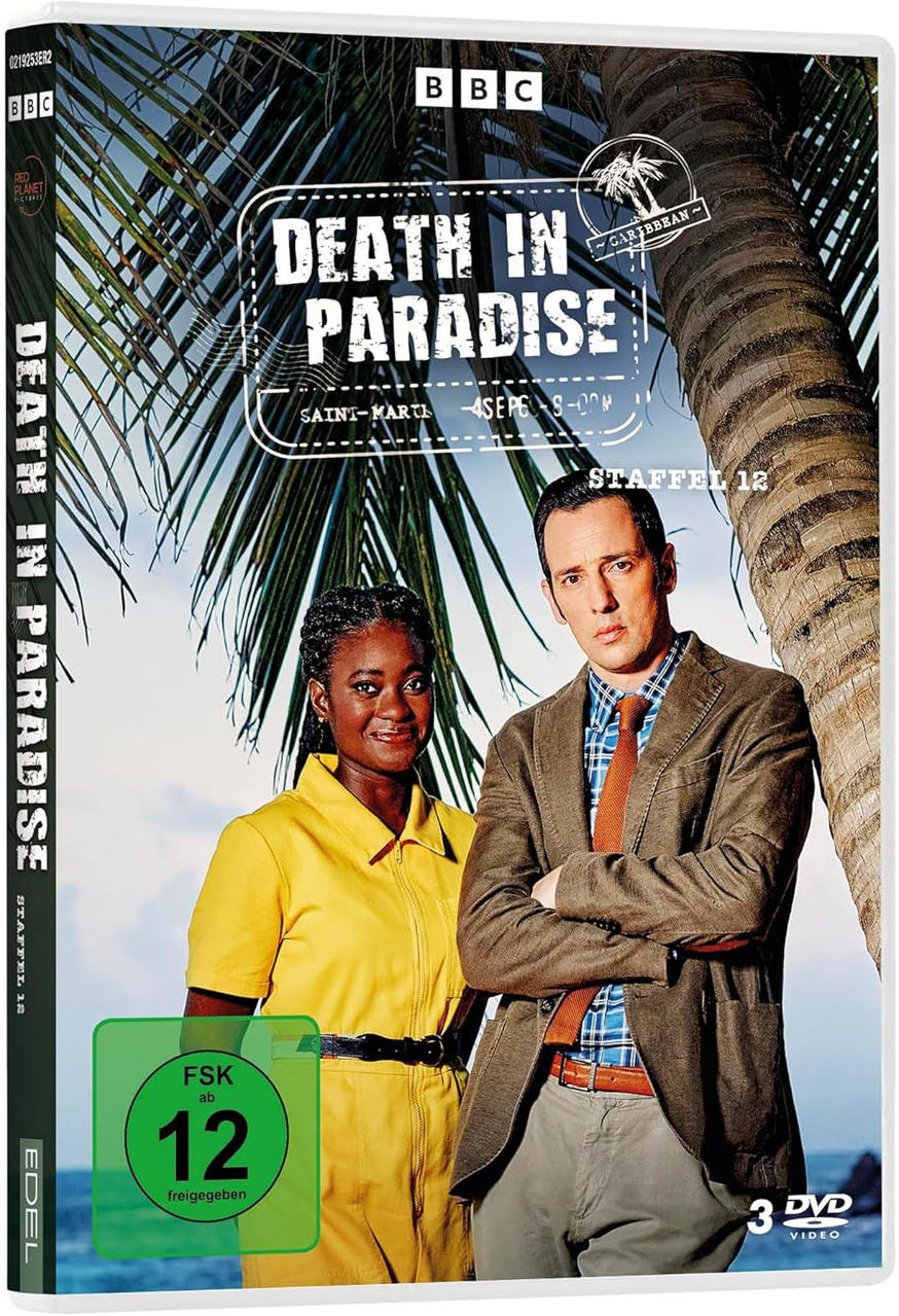DVD-Box von Death in Paradise. Zwei Personen stehen vor einer Palme.