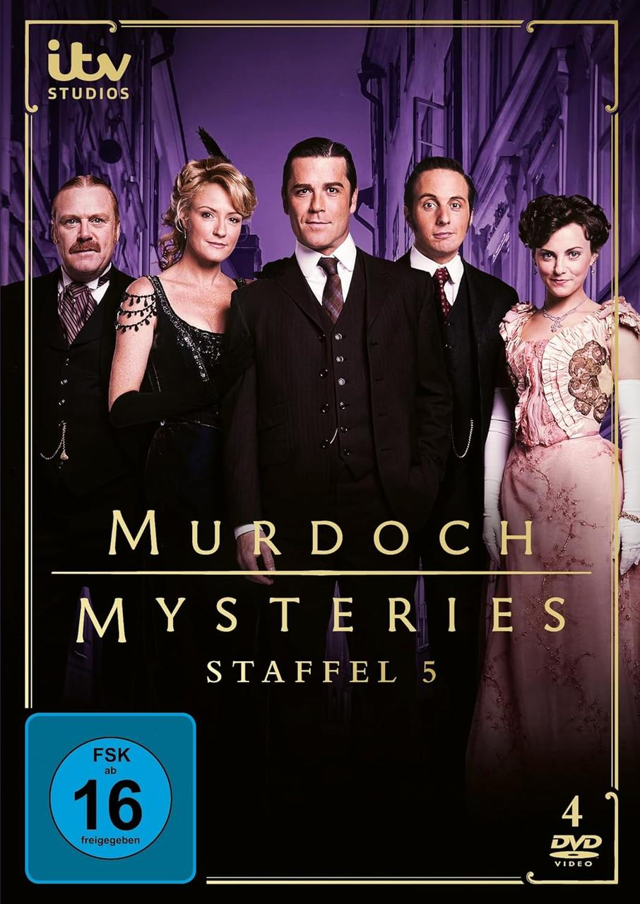 DVD-Cover: Murdoch Mysteries, Staffel 5. Fünf Personen in historischer Kleidung, Text in Gold.
