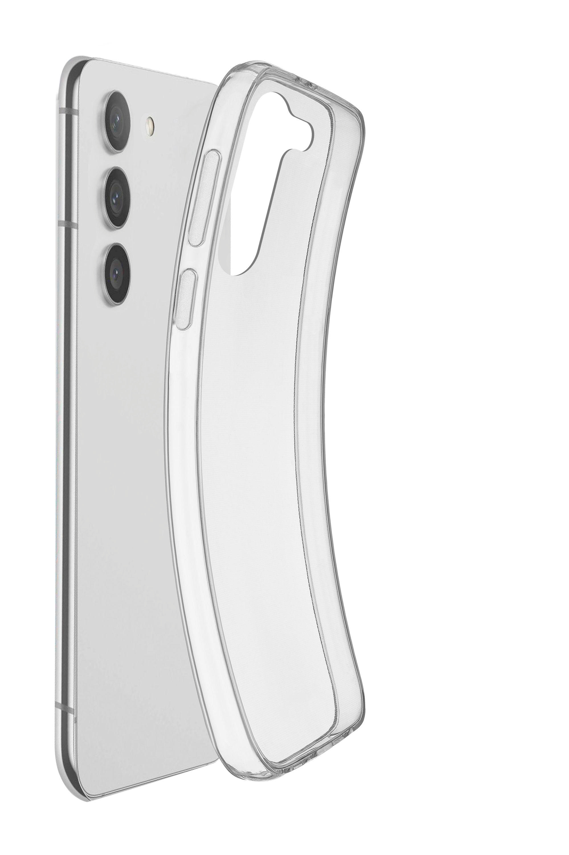 Transparente Handyhülle neben einem silbernen Smartphone, weißer Hintergrund.