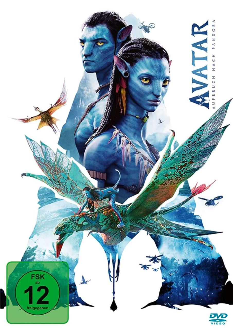 Avatar DVD-Cover: Blaue Aliens, fliegende Kreaturen und Dschungel-Hintergrund.