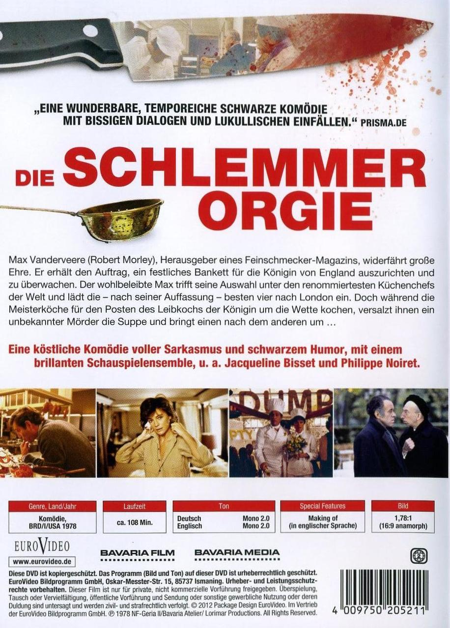 DVD-Cover: 'Die Schlemmer Orgie'. Ein Filmplakat mit Text und Bildern. Schwarzer Kochtopf.