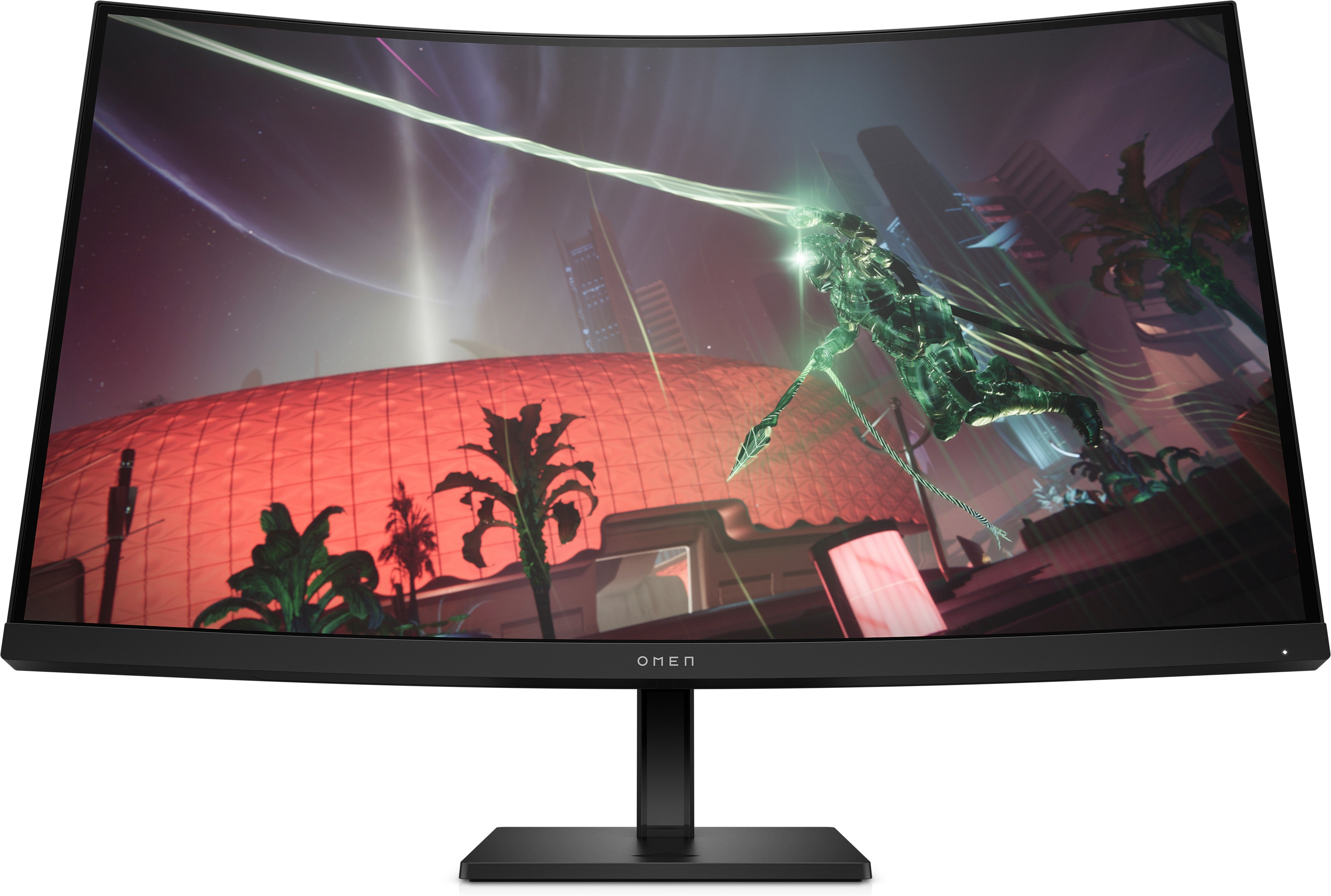 Gebogener Omen-Gaming-Monitor mit bunter futuristischer Spielszene.
