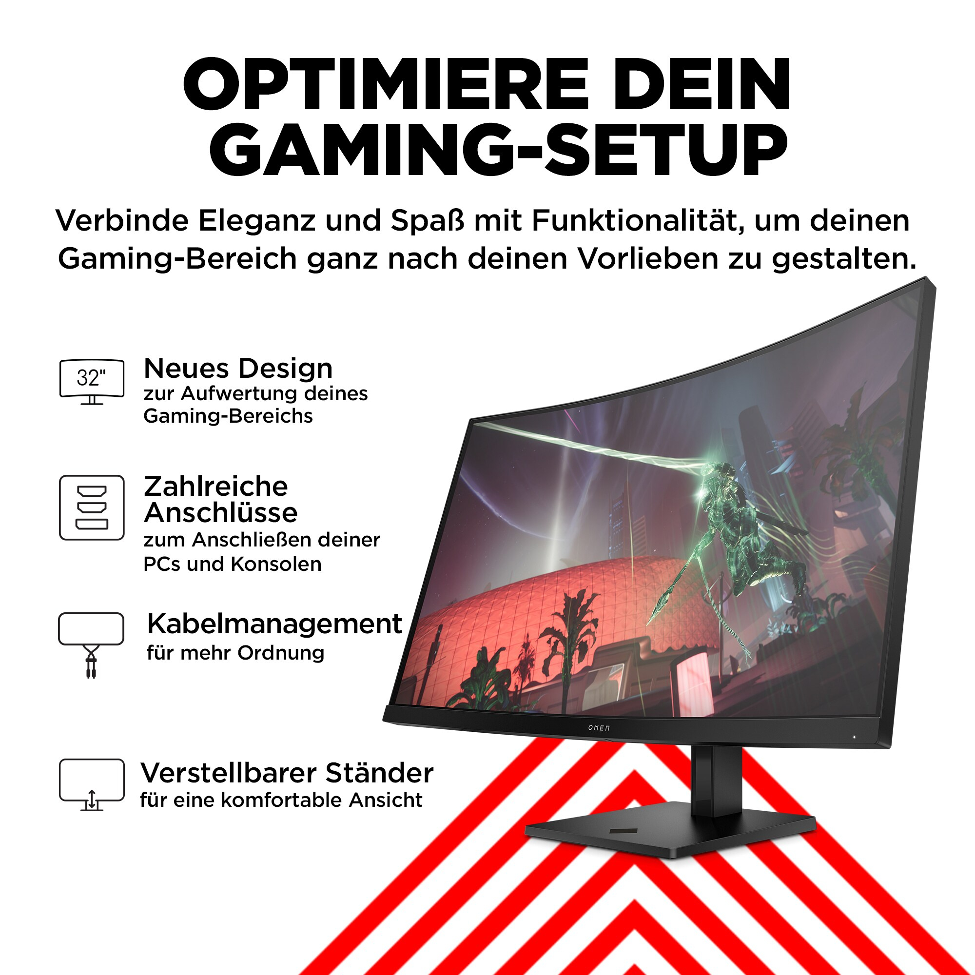 Ein gewölbter Monitor auf einem schwarzen Ständer. Text: Optimiere dein Gaming-Setup. Rote und weiße Streifen.