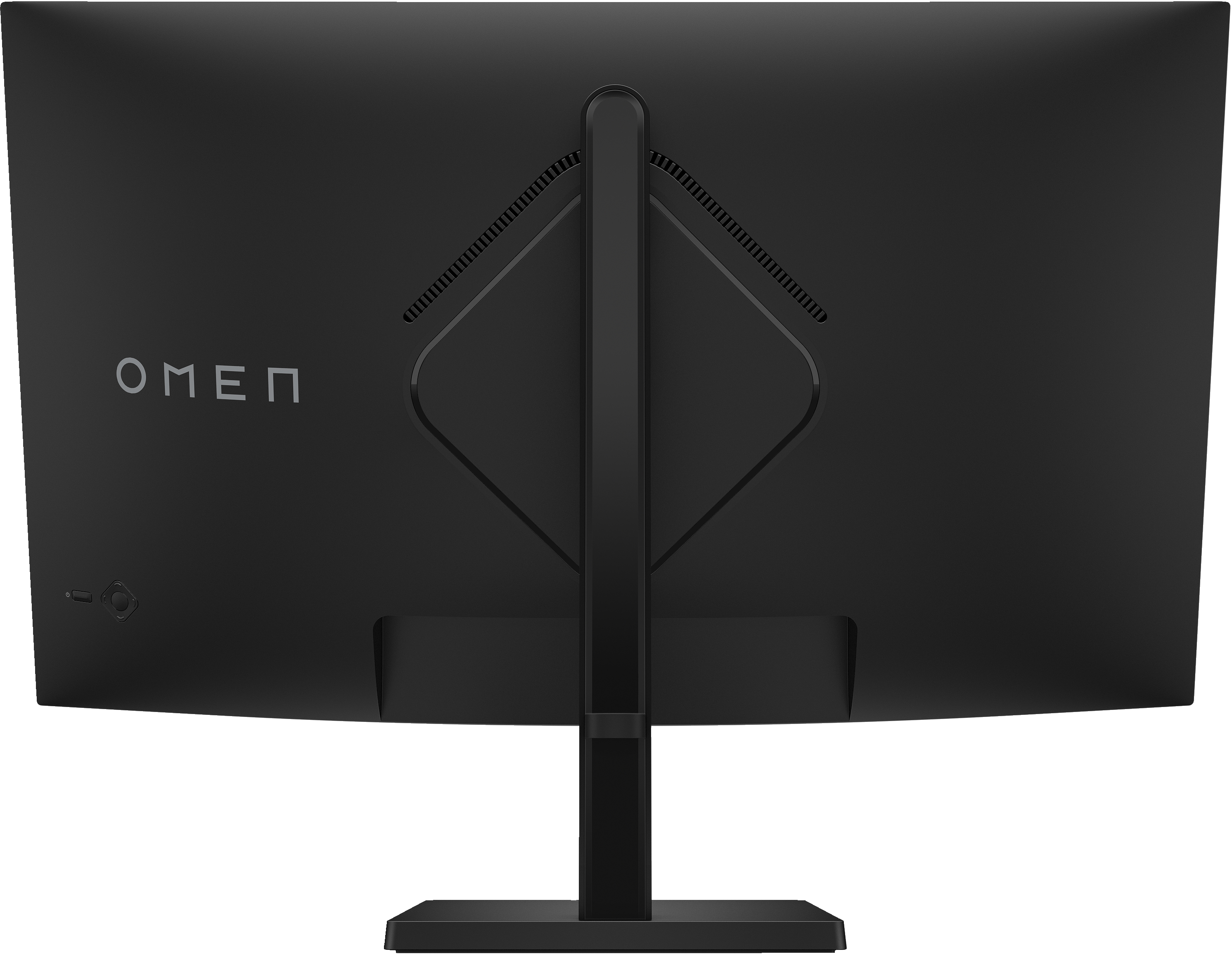 Rückansicht eines gewölbten Omen-Gaming-Monitors mit Ständer, das Omen-Logo ist sichtbar.