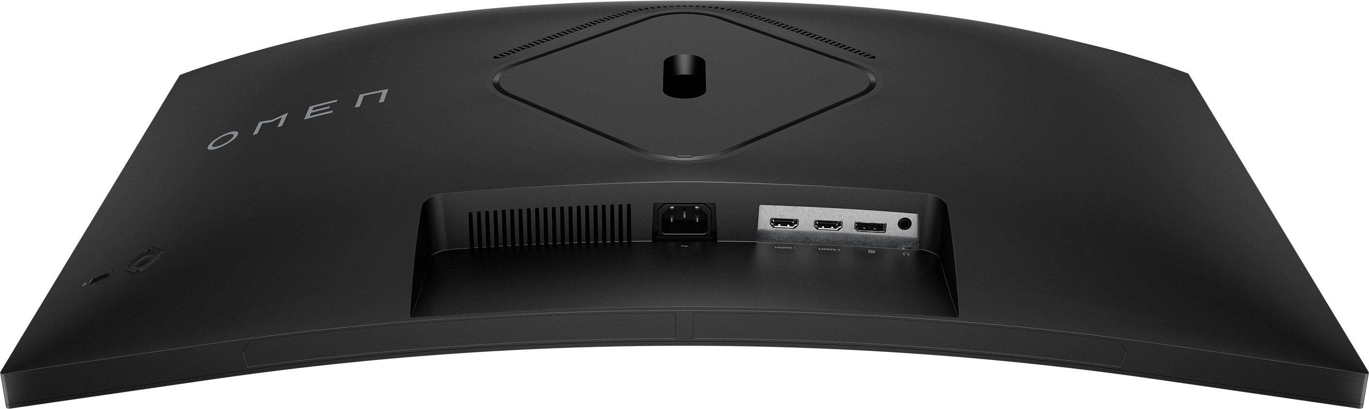 Schwarze, gebogene Computer-Monitor-Rückseite mit Anschlüssen, OMEN-Logo und Standfuß. Weißer Hintergrund.