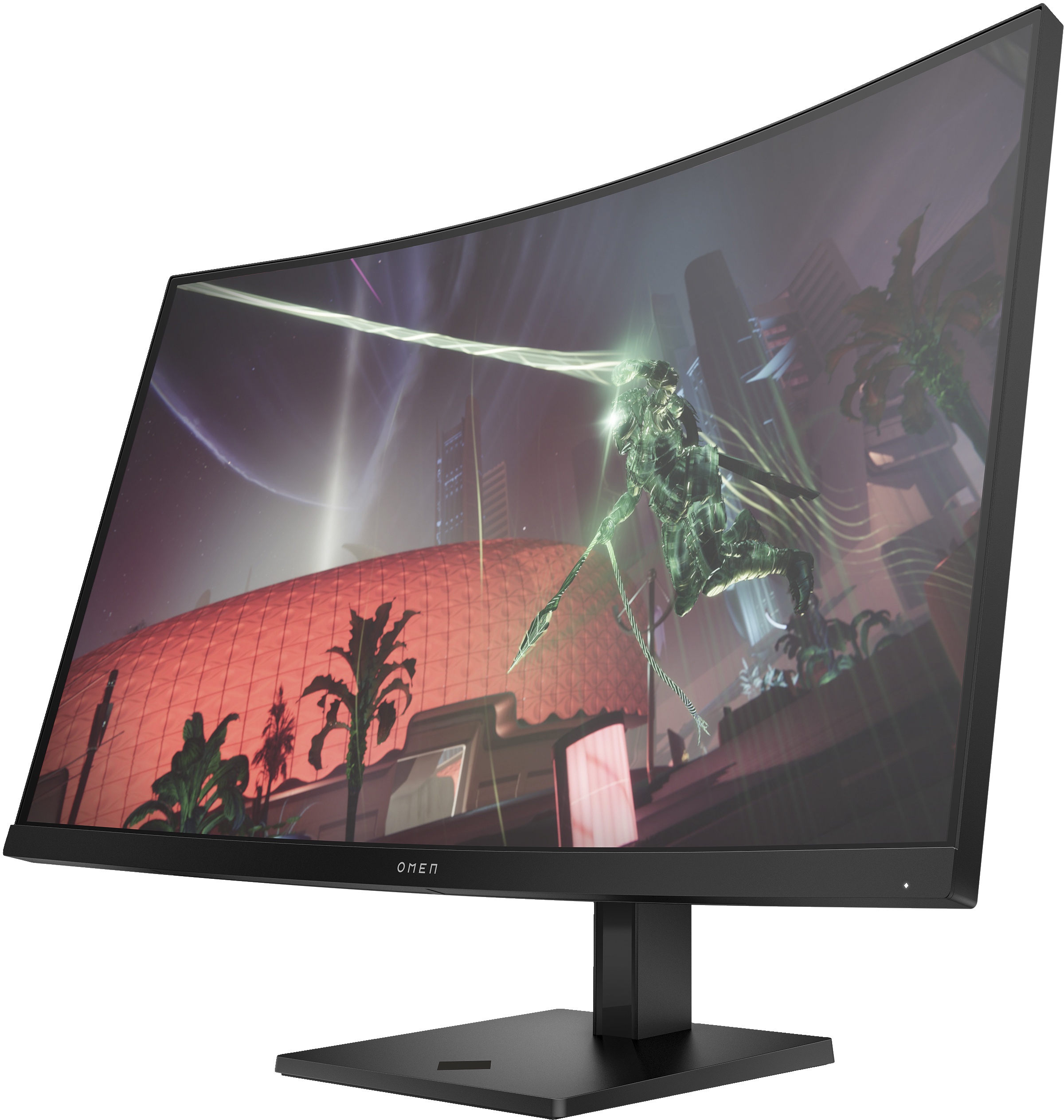 Gebogener Monitor mit Spielszene. Der Monitor steht auf einem schwarzen Ständer.