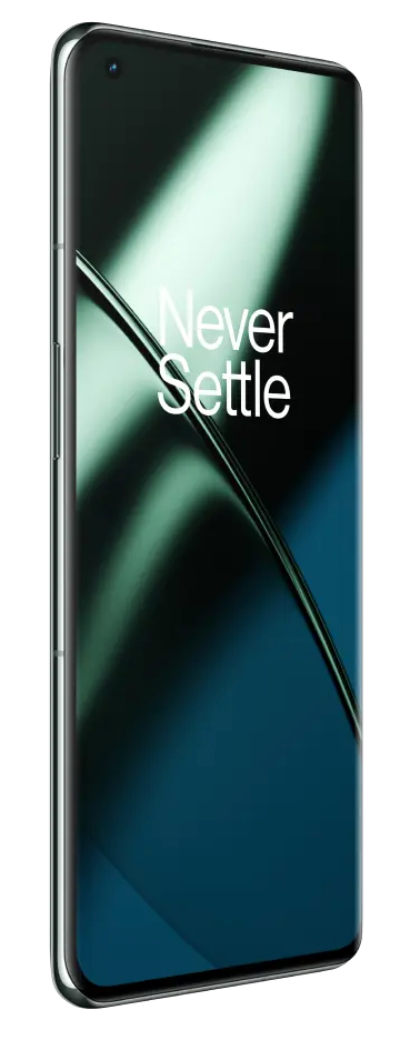 'Never Settle' metniyle turkuaz ve yeşil soyut bir arka plan gösteren, dik duran bir cep telefonu.