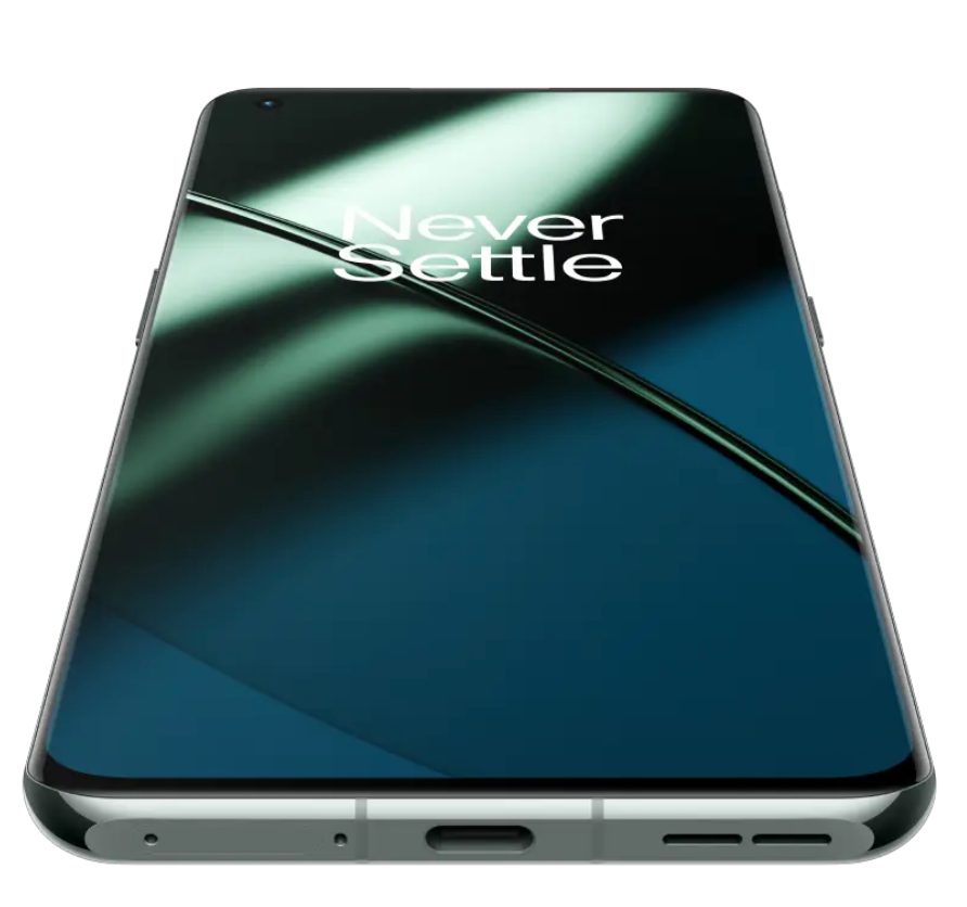 OnePlus telefon, koyu mavi ekran, siyah çerçeve, beyaz metin.