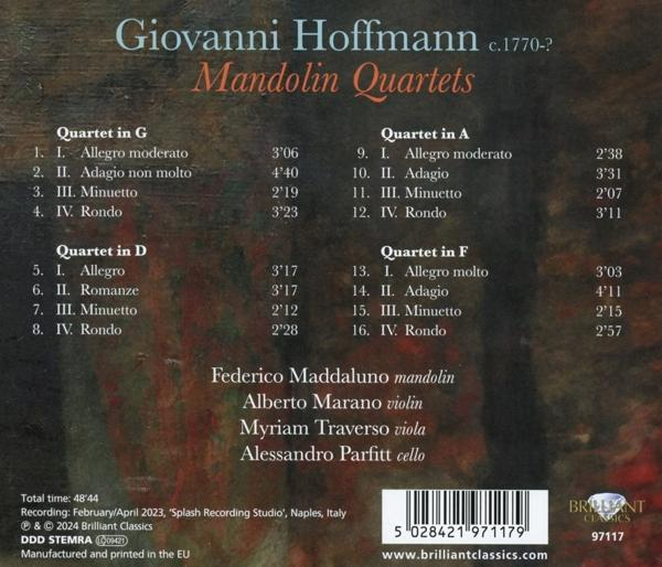 CD-Rückseite: Giovanni Hoffmann Mandolin Quartets mit Titellisten und Besetzung.