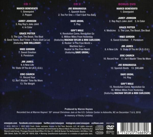 Rückseite einer CD mit Titellisten und Credits, in lila und weiß.