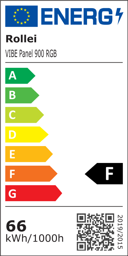 Energieetikett für Rollei VIBE Panel 900 RGB, Klasse F, 66 kWh/1000h.