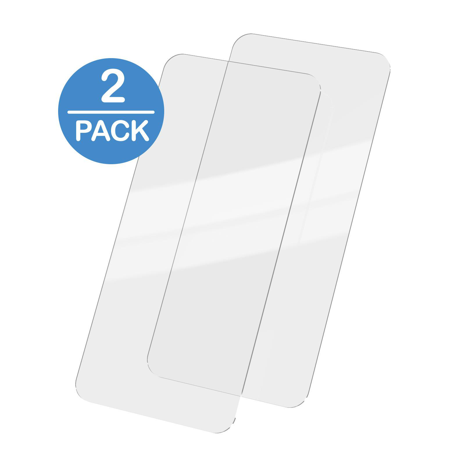 Zwei klare Displayschutzfolien in einer Packung, diagonal platziert.