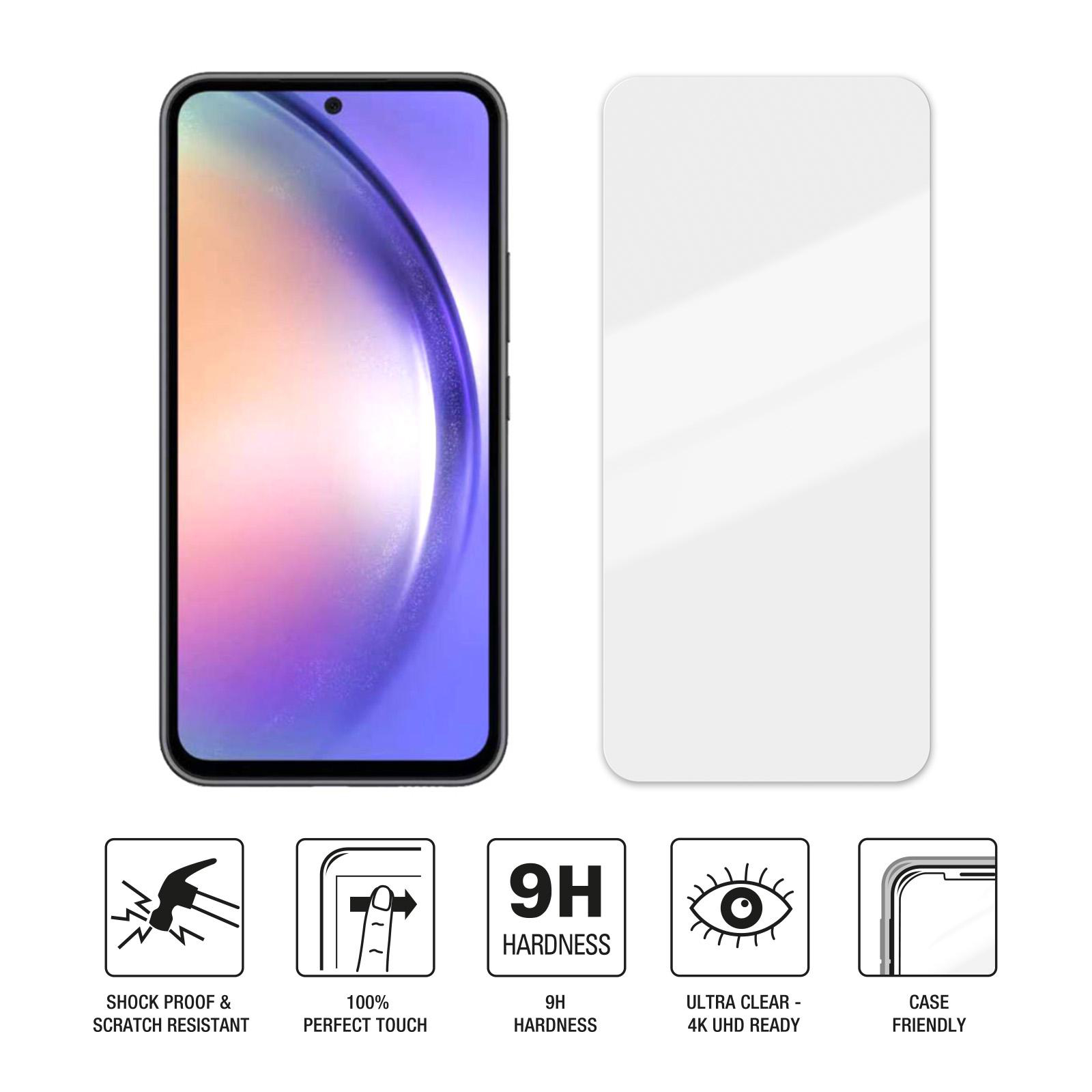 Handy-Displayschutzfolie mit Handy. Symbole zeigen 9H Härte, Kratzfestigkeit und mehr.