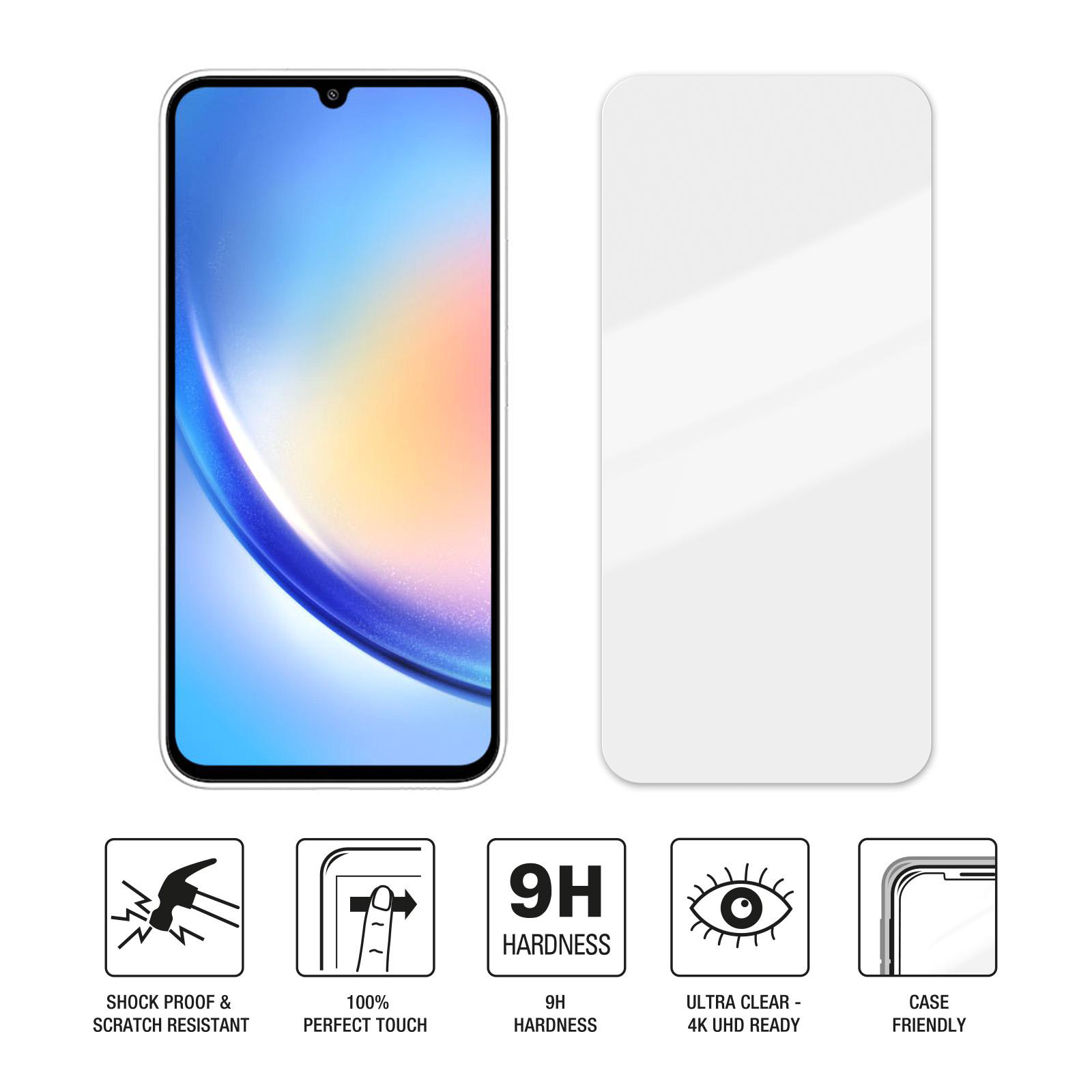 Smartphone und Displayschutz neben Symbolen für Stoßfestigkeit, Berührung und Härte.