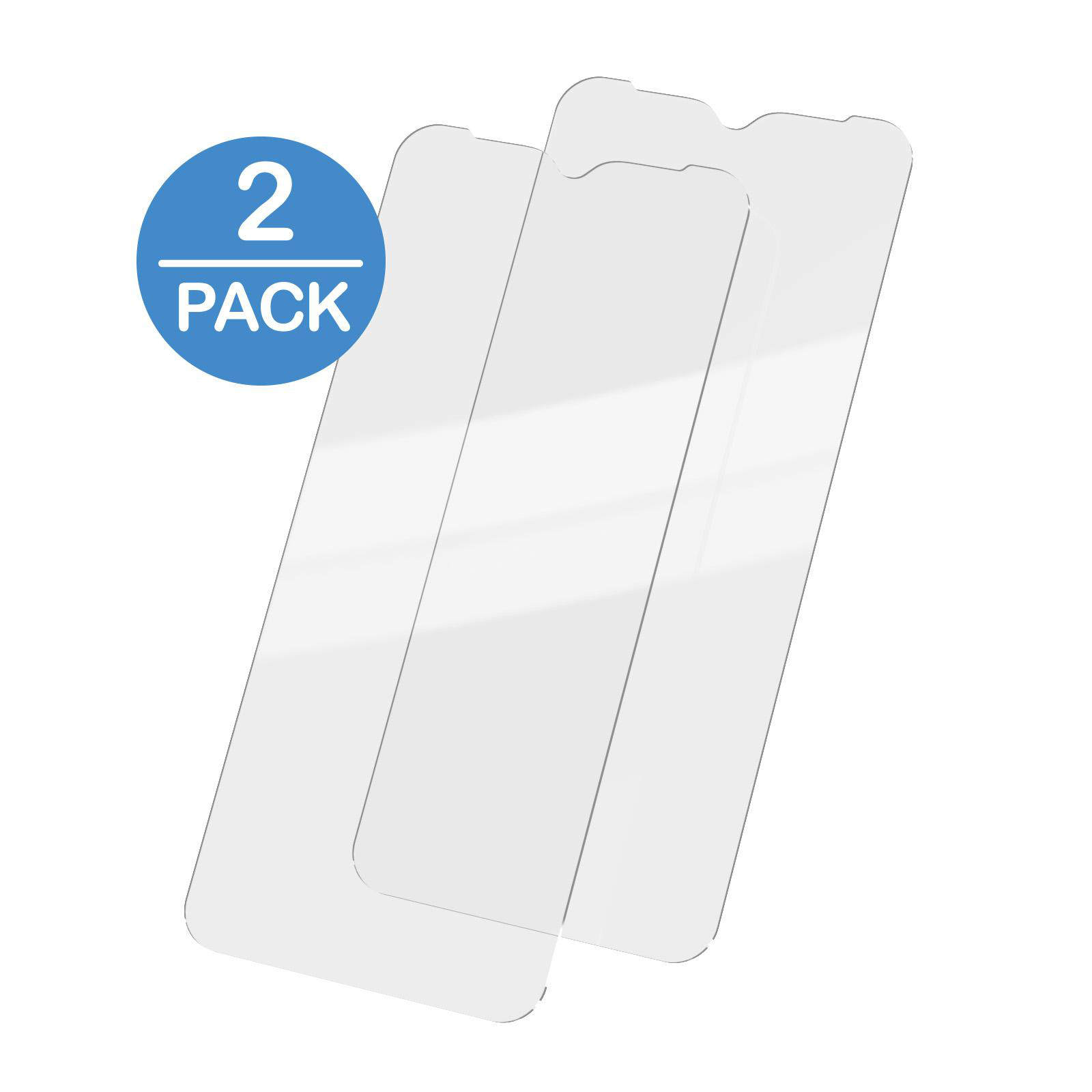 Zwei transparente Displayschutzfolien mit einem blauen Etikett mit der Aufschrift '2 PACK'.