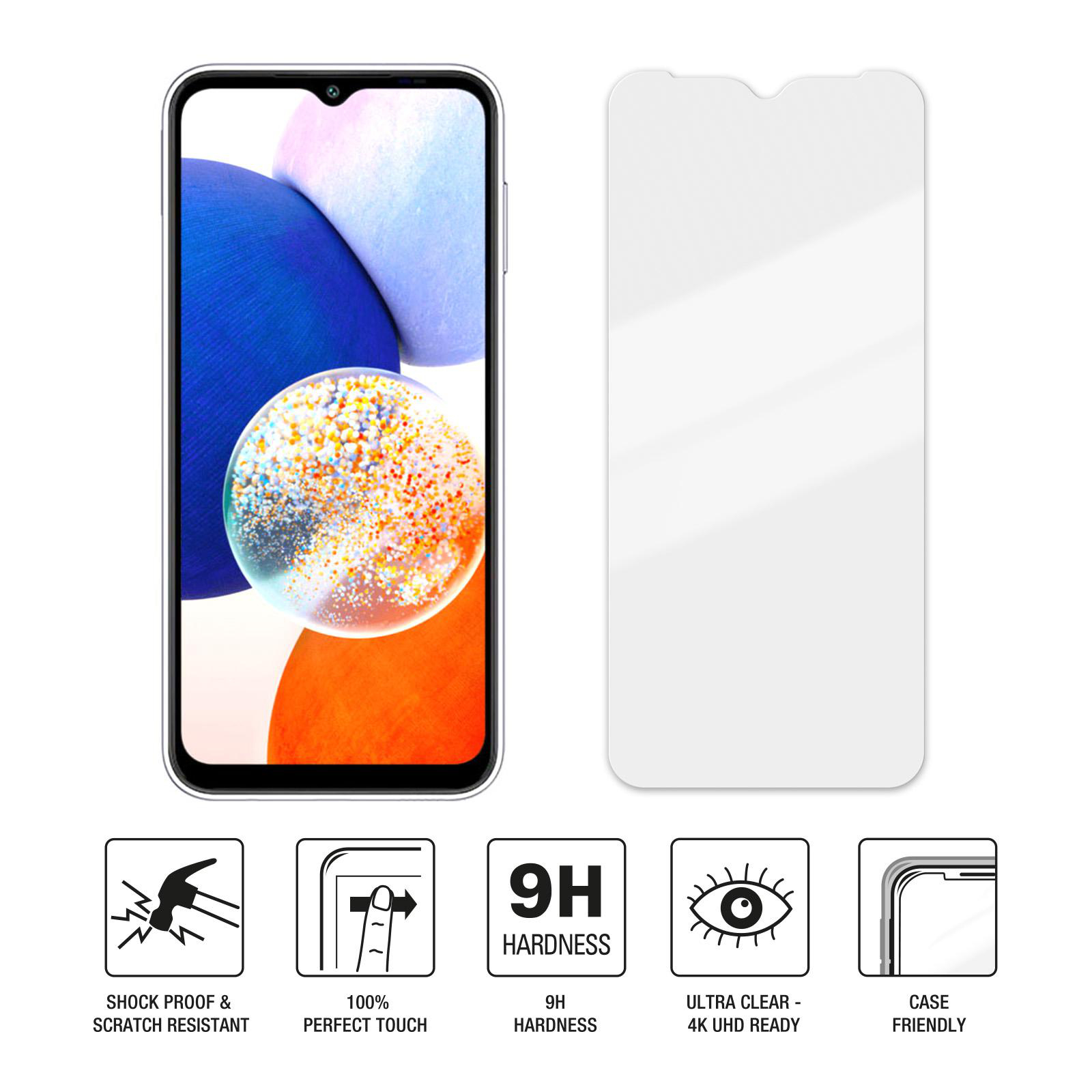 Smartphone mit Displayschutz. Schutzsymbole für Berührung, Härte und Klarheit.