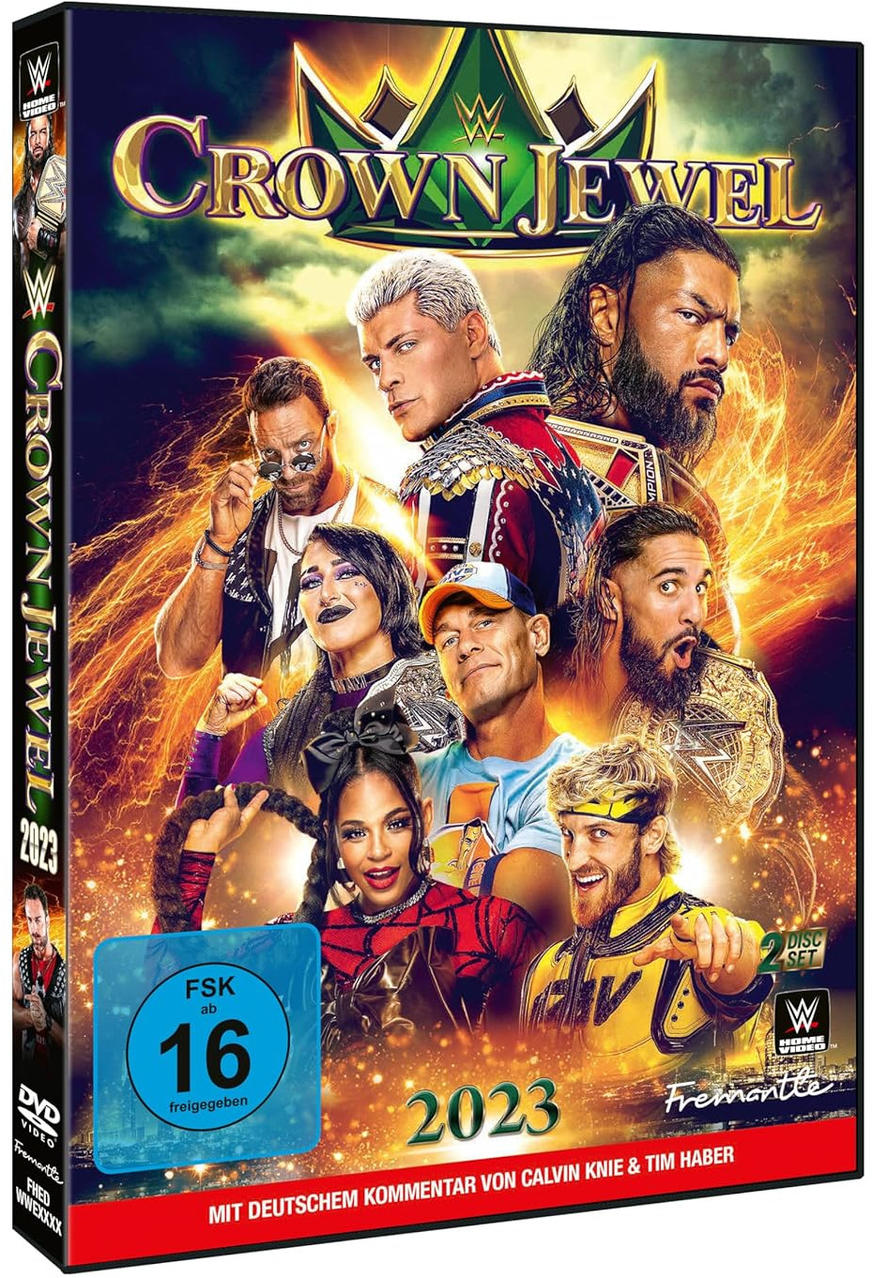 DVD-Hülle mit mehreren Wrestlern, Text und einem Bewertungssiegel.