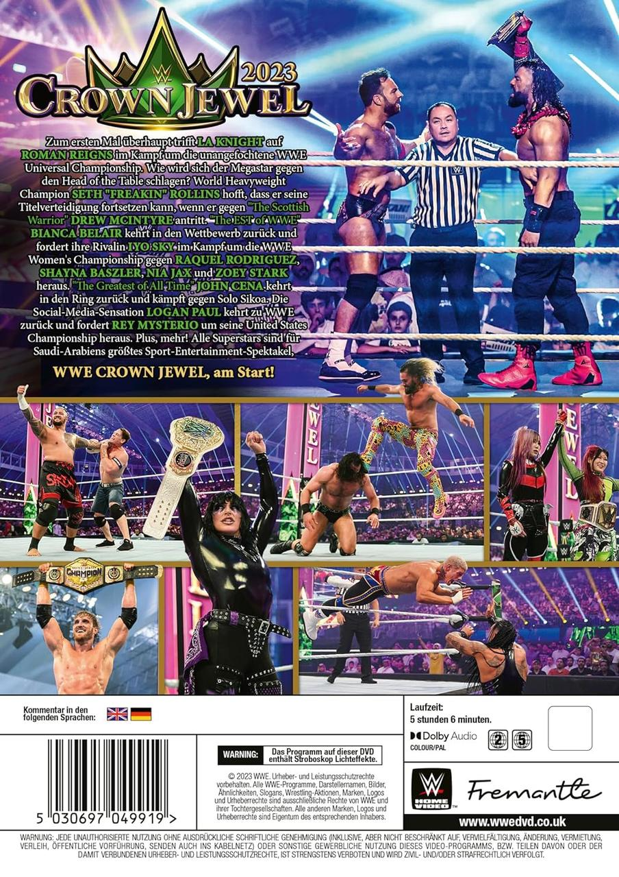 DVD-Cover von WWE Crown Jewel 2023. Wrestler in Aktion. Details umfassen Text, Logos und Bilder.