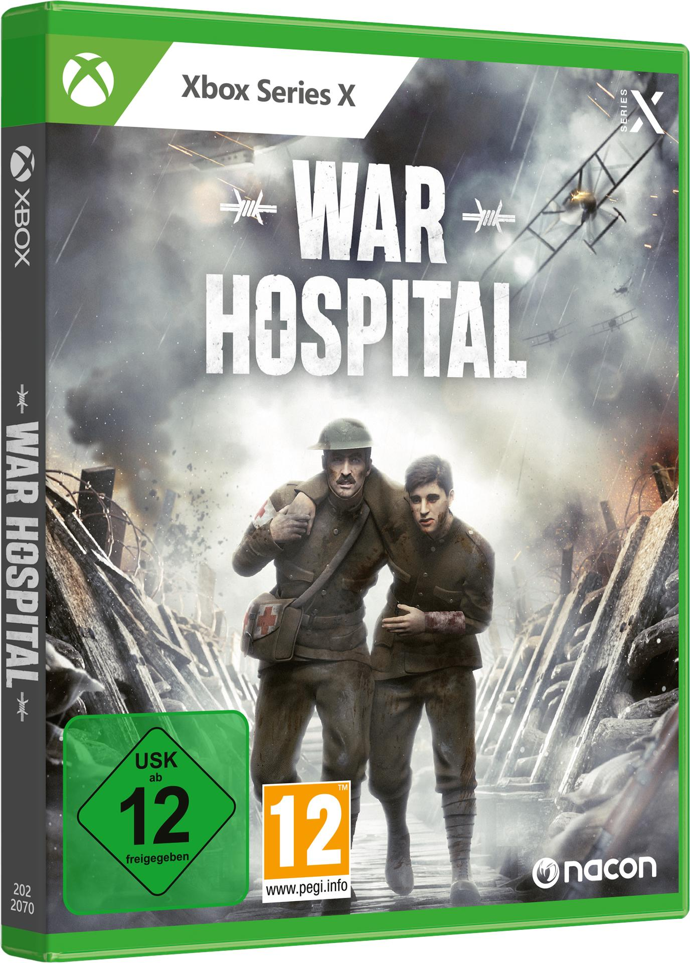 Spielbox-Art mit zwei Soldaten in einer Kriegsszene. Der Titel lautet 'WAR HOSPITAL'.