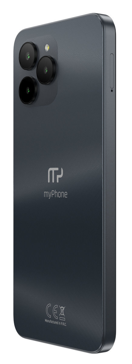 Ciemnoniebieski telefon z trzema aparatami. Tył ma wzorzystą fakturę i logo myPhone.